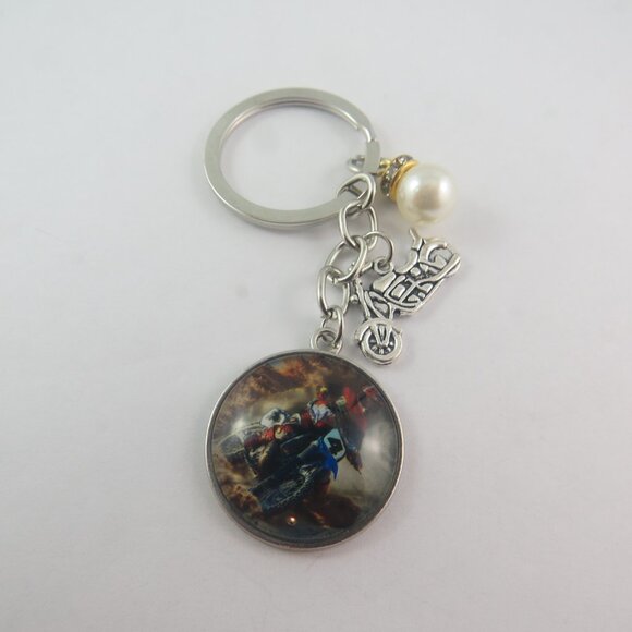 Motocross Keychain with Bike Charm Dirt Bike Key Ring Pearl Accent Racing Gift - Picture 3 of 4